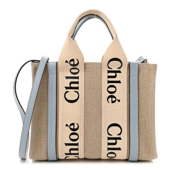 CHLOE Cotton Calfskin Small Woody Ribbon Tote With Strap Light Blue