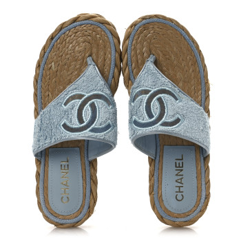 CHANEL Terry Cloth Raffia CC Logo Thong Sandals 37 Blue