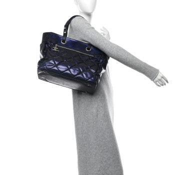 CHANEL Metallic Coated Canvas Quilted Large Paris Biarritz Tote Blue
