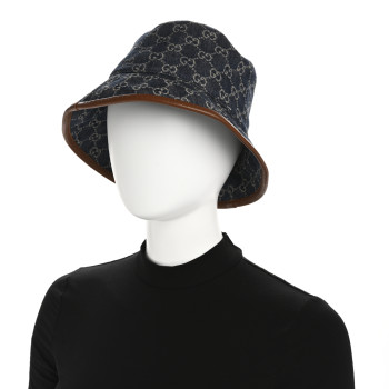 GUCCI Washed Jacquard Denim Nappa GG Monogram Oscar Bucket Hat M Denim Cuir