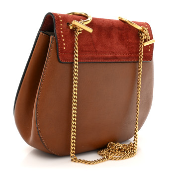 CHLOE Suede Smooth Calfskin Studded Mini Drew Shoulder Bag Sienna Red Brown