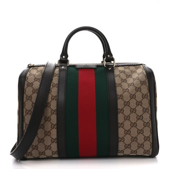 GUCCI Monogram Selleria Calfskin Vintage Web Medium Boston Beige Ebony Cocoa