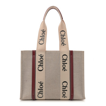 CHLOE Linen Calfskin Medium Woody Ribbon Tote White Brown
