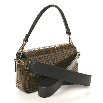 FENDI Fabric Jacquard Paillettes Vitello Seta FF 1974 Baguette Testa di Moro Real Ebano