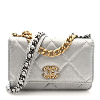 CHANEL Metallic Lambskin Quilted Chanel 19 Wallet On Chain WOC Silver