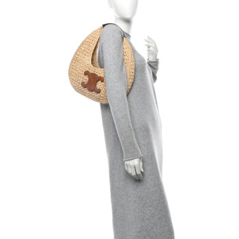 CELINE Raffia Calfskin Triomphe Panier Hobo Bag Natural Tan