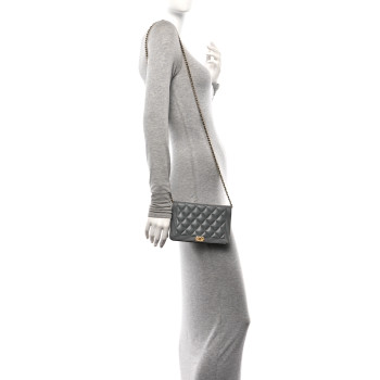 CHANEL Lambskin Quilted Boy Wallet On Chain WOC Grey