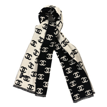 CHANEL Wool Cashmere CC Scarf Black White