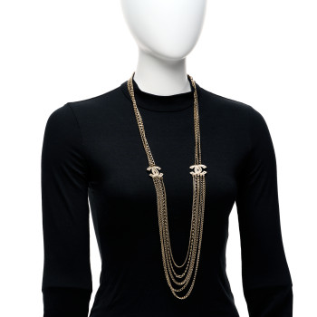 CHANEL Multi Strand Chain Baguette Crystal CC Necklace Gold Gold