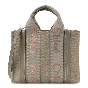 CHLOE Cotton Calfskin Small Woody Ribbon Tote With Strap  Beige Taupe