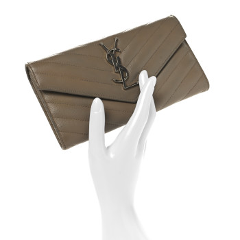 SAINT LAURENT Grain De Poudre Matelasse Chevron Monogram Flap Wallet Taupe