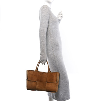 BOTTEGA VENETA Suede Maxi Intrecciato Small Arco Tote Brown