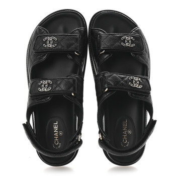 CHANEL Grained Calfskin Velcro Dad Sandals 38.5 Black