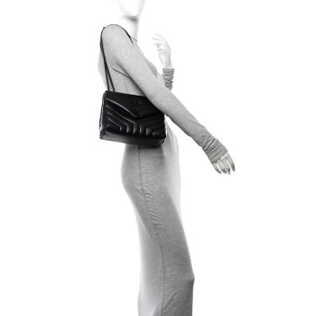 SAINT LAURENT Calfskin Y Quilted Monogram Monochrome Small Loulou Chain Satchel Black