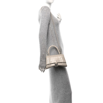 BALENCIAGA Shiny Calfskin Crocodile Embossed Small Hourglass Top Handle Bag Cold Beige