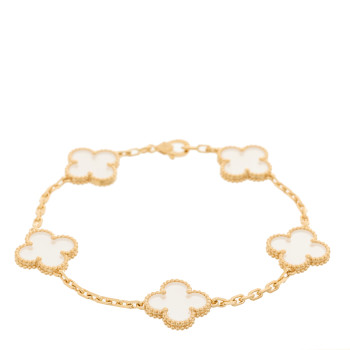 VAN CLEEF & ARPELS 18K Yellow Gold Rock Crystal 5 Motifs Vintage Alhambra Bracelet