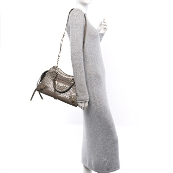 BALENCIAGA Shiny Supple Calfskin Crocodile Embossed Neo Classic Gold Hardware S City Mink Grey