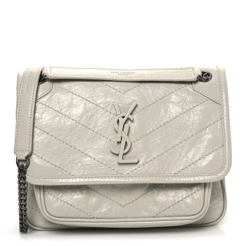 SAINT LAURENT Crinkled Calfskin Matelasse Monogram Baby Niki Chain Satchel Blanc Vintage