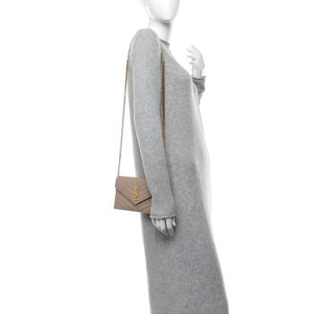 SAINT LAURENT Grain De Poudre Matelasse Chevron Monogram Envelope Chain Wallet Dark Beige