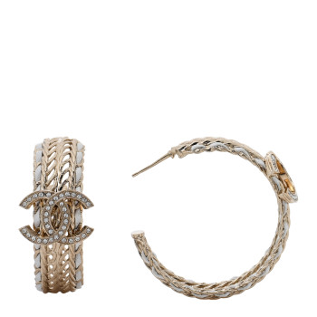 CHANEL Crystal Lambskin CC Double Chain Hoop Earrings Gold White