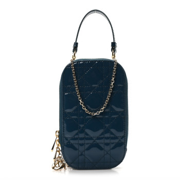 CHRISTIAN DIOR Patent Cannage Lady Dior Phone Holder Dior Blue CHRISTIAN DIOR Patent Cannage Lady Dior Phone Holder Dior Blue