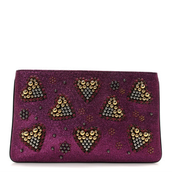 CHRISTIAN LOUBOUTIN Metallic Raffia Studded Loubiposh Chain Clutch Magenta