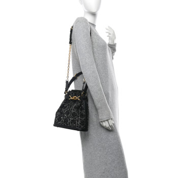 CHRISTIAN DIOR Calfskin Tweed Cannage Medium C'est Chain Bucket Bag Black White CHRISTIAN DIOR Calfskin Tweed Cannage Medium C'est Chain Bucket Bag Black White
