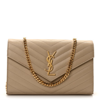 SAINT LAURENT Grain De Poudre Matelasse Chevron Monogram Chain Wallet Dark Beige