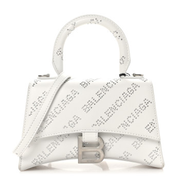 BALENCIAGA Smooth Calfskin Crystal Diagonal Allover Logo Hourglass Top Handle Bag XS Optic White