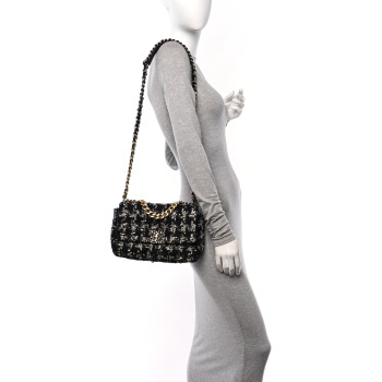 CHANEL Tweed Quilted Medium Chanel 19 Flap Black Silver Ecru