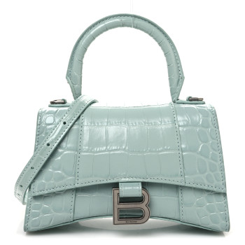 BALENCIAGA Shiny Calfskin Crocodile Embossed Hourglass Top Handle Bag XS Green Acqua