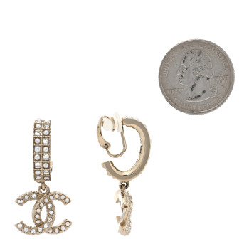 CHANEL Crystal Pearl CC Drop Clip On Earrings Gold