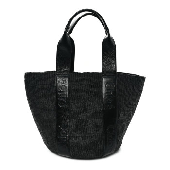 CHLOE Raffia Calfskin Large Woody Basket Bag Black