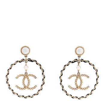 CHANEL Lambskin Crystal Pearl CC Chain Hoop Earrings Gold Black