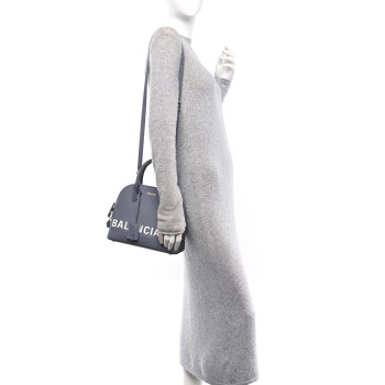 BALENCIAGA Signature Grained Calfskin Logo S Ville Top Handle Bag Gris Perle Fonce White