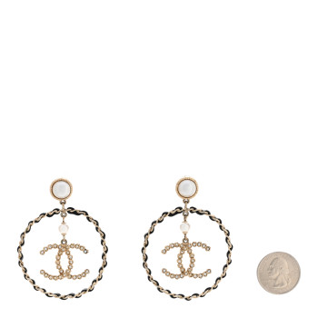 CHANEL Lambskin Crystal Pearl CC Chain Hoop Earrings Gold Black