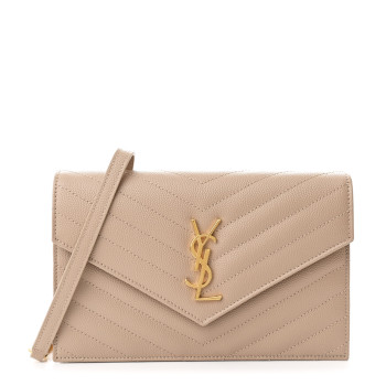 SAINT LAURENT Grain De Poudre Matelasse Chevron Monogram Envelope Chain Wallet Dark Beige