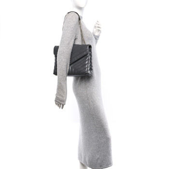 SAINT LAURENT Calfskin Y Quilted Monogram Medium Loulou Chain Satchel Storm