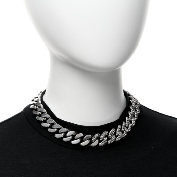 SAINT LAURENT Crystal Curb Chain Necklace Oxidized Silver
