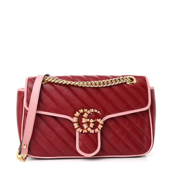 GUCCI Azalea Calfskin Enamel Matelasse Diagonal Small Torchon GG Marmont Shoulder Bag New Cherry Red Wild Rose