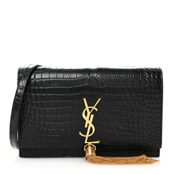 SAINT LAURENT Calfskin Crocodile Embossed Kate Monogram Tassel Chain Wallet Black