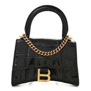 BALENCIAGA Shiny Calfskin Crocodile Embossed Hourglass Top Handle Bag Mini with Chain Black