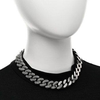 SAINT LAURENT Crystal Curb Chain Necklace Oxidized Silver