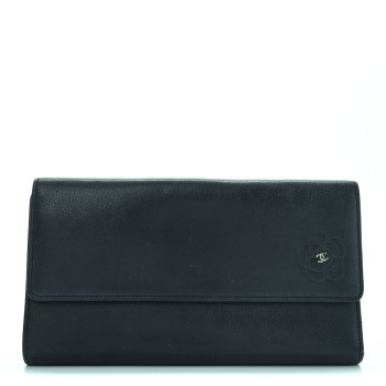 CHANEL Goatskin Camellia Embossed Flap Wallet Black