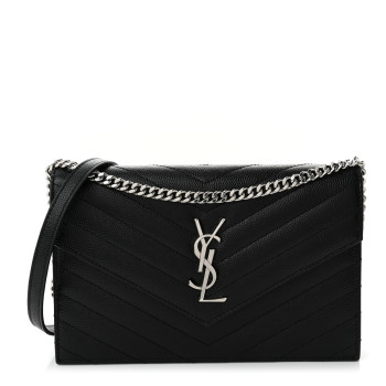 SAINT LAURENT Grain De Poudre Matelasse Chevron Monogram Envelope Chain Wallet Black