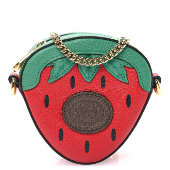 GUCCI Textured Dollar Calfskin Retro Interlocking G Fruttini Strawberry Mini Bag Lobster Red Black New Acero