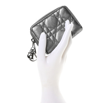 CHRISTIAN DIOR Metallic Calfskin Cannage Compact Zip Card Wallet Silver CHRISTIAN DIOR Metallic Calfskin Cannage Compact Zip Card Wallet Silver