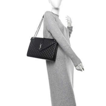 SAINT LAURENT Grain De Poudre Textured Mixed Matelasse Large Triquilt Monogram Satchel Black