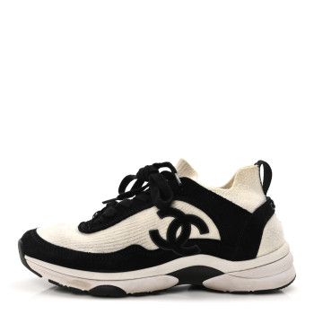 CHANEL Fabric Suede Calfskin CC Sneakers 38 White Black