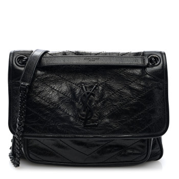 SAINT LAURENT Crinkled Calfskin Matelasse Monogram Medium Niki Chain Satchel Black